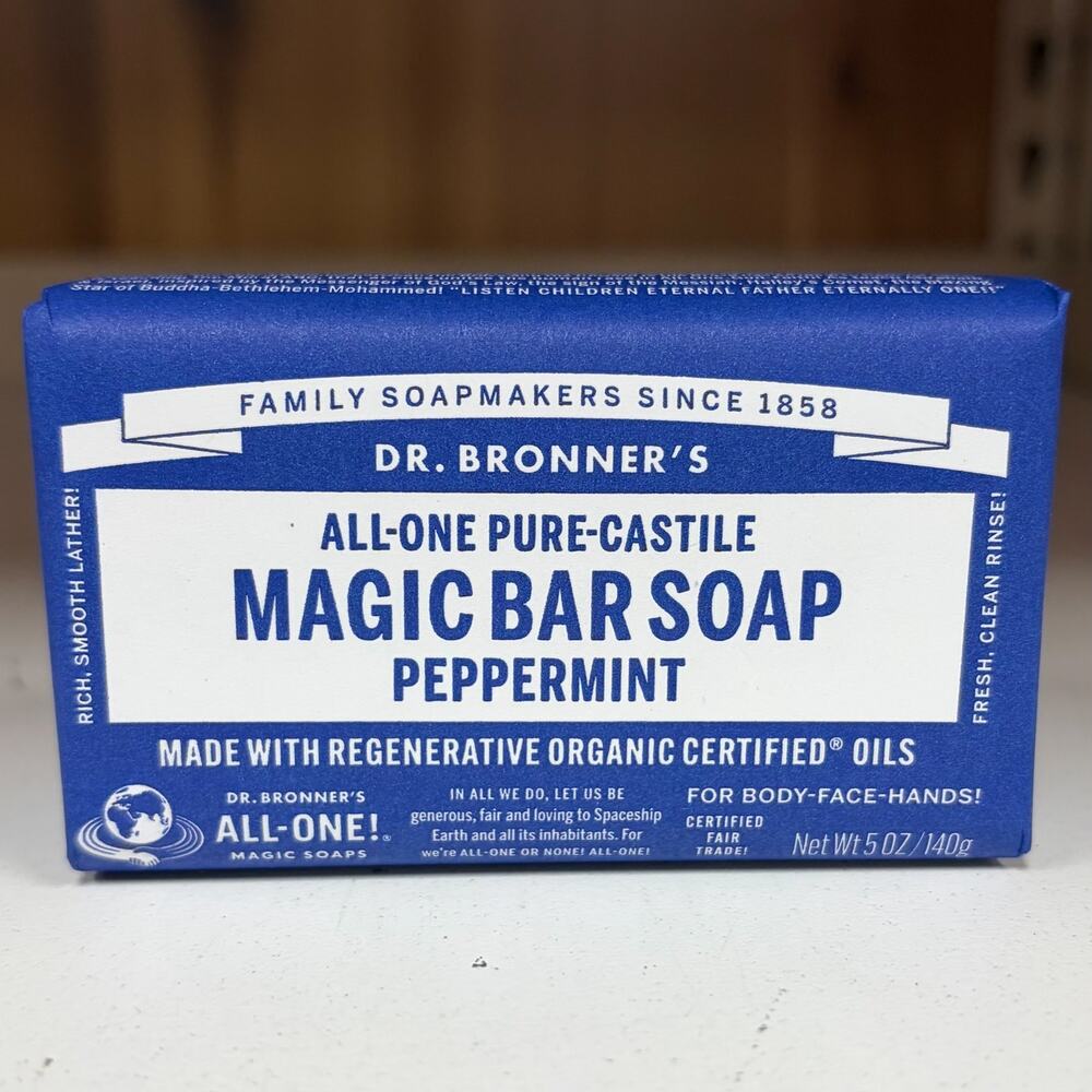 Dr. Bronner's — Peppermint Pure Castile Bar Soap Coconut Hemp Jojoba Oil 5oz NEW